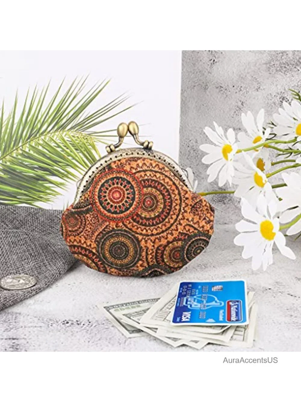 Vintage Floral Kiss-lock Coin Purse PU Leather Wood Grain Key Holder Wallet